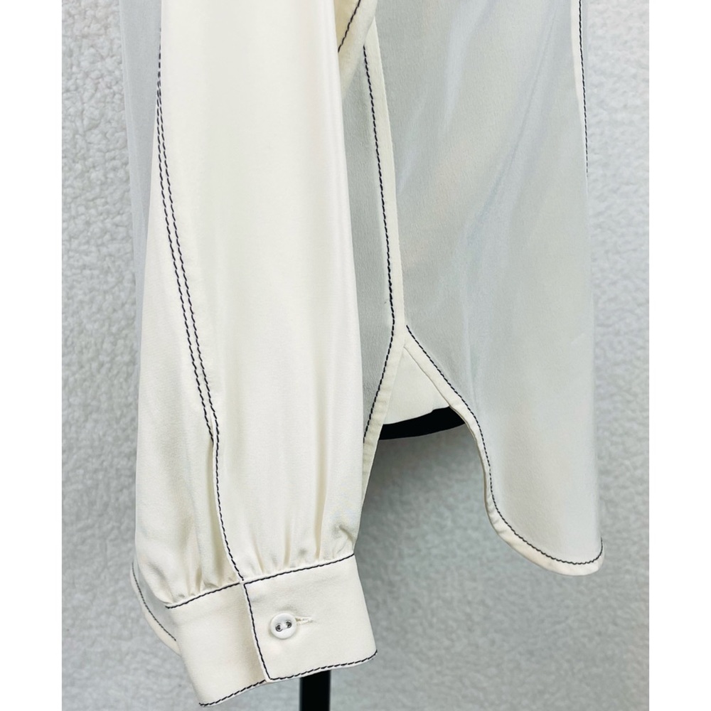 ALEXIS • 100% Silk White/Black Contrast Long Sleeve Button-Down Shirt, S - Picture 7 of 13